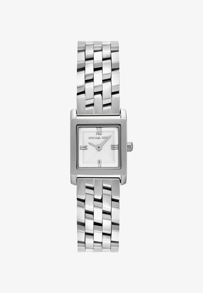 Kwadratowy zegarek w srebrnym kolorze z teksturowaną białą tarczą, smukłymi wskaźnikami godzin oraz bransoletą ze stali nierdzewnej. Minimalistyczny design.