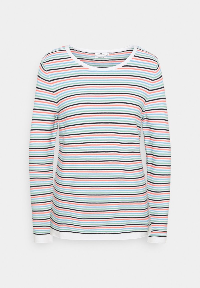 Camisa de manga larga a rayas con colores alternos de azul, rojo, verde y blanco. Tejido suave con cuello redondo y puños acanalados.