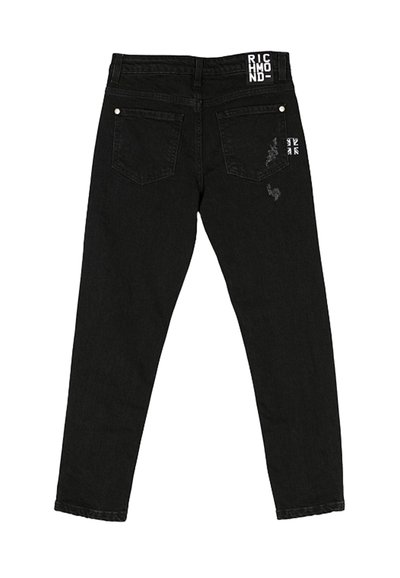 Jeans in denim nero con fitting dritto, dotati di una vita alta, tasche posteriori e dettagli strappati sul lato destro.