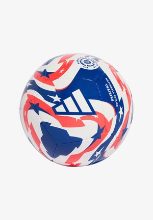 Pallone da allenamento Adidas in blu, rosso e bianco. Presenta motivi a stella, una superficie liscia e un marchio distintivo.