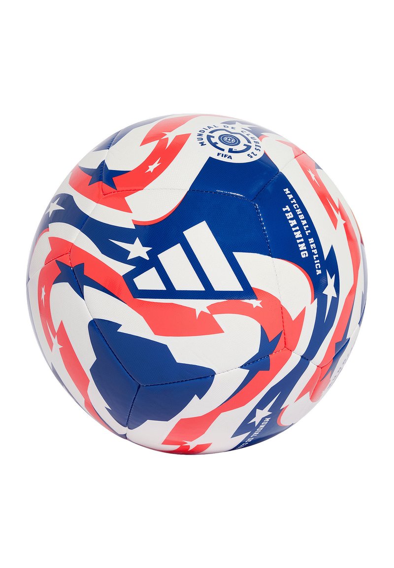Adidas Trainingsfußball in Blau, Rot und Weiß. Merkmale sind Sternmuster, glatte Textur und markante Markenkennzeichnung.