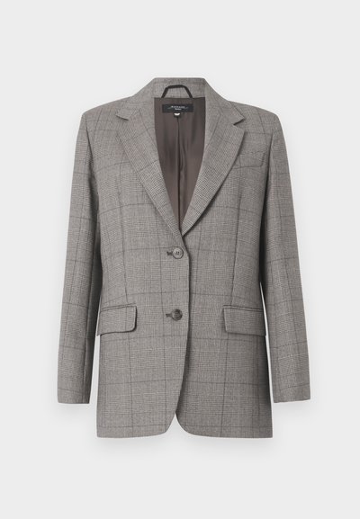 Grå ternet blazer lavet af struktureret stof, med slagkrave, to forlommer og to knapper. Inderside er ensfarvet brun.