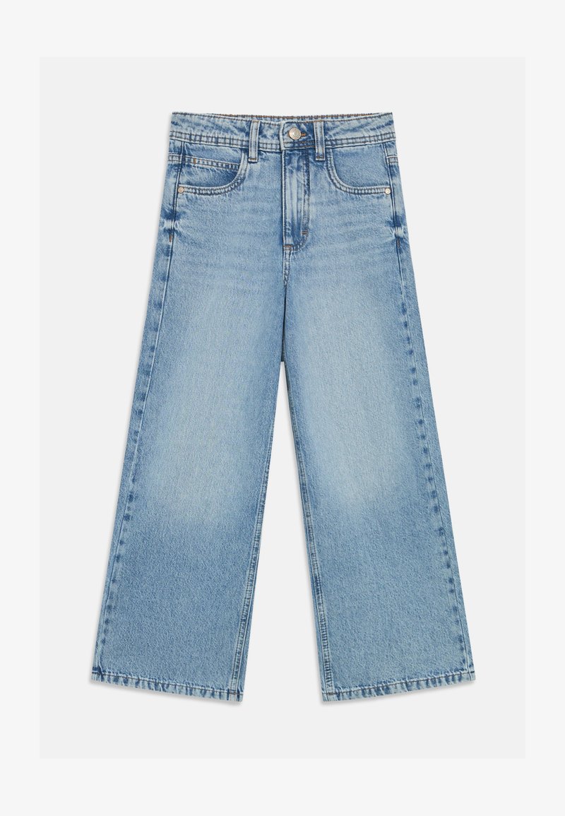 Jeans a gamba larga color azzurro chiaro con vita alta, in denim, caratterizzati dal classico design a cinque tasche e da un effetto sbiadito.