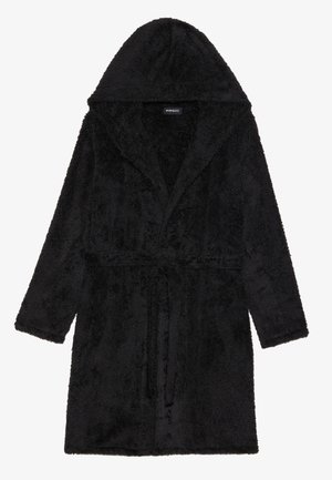 Černý fleecový župan s kapucí, s texturovaným povrchem, dlouhými rukávy a zavazováním na pásek. Poloviční délka bez vzorů.