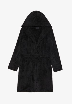 Musta fleece-kotelo huppu päällä, jossa on teksturoitu pinta, pitkät hihat ja solmittava vyö. Keskipitkä malli ilman kuoseja.