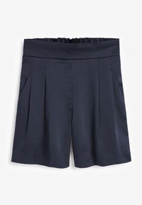 Navy blue shorts with a wide, elastic waistband and front pleats. Made from a smooth fabric with a structured, tailored design.