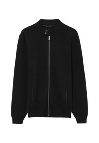Cardigan noir zippé entièrement avec col haut, deux boutons, poignets côtelés et deux poches latérales, fabriqué en tissu tricoté.