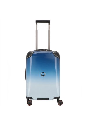 Hard-shell suitcase with a gradient blue design, featuring a retractable handle, four wheels, and a circular locking mechanism.