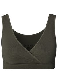 Oliven grøn ribbet bralette med en indpakningsdesign, brede stropper og en blød tekstur. Har en elastisk bånd for støtte. Størrelse XS/S.