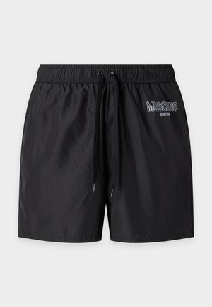 Short de bain noir avec taille élastique et cordons noirs, avec le logo blanc Moschino Swim sur le côté avant droit.