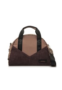 Sac à main bicolore bordeaux et taupe avec une texture duale, un haut arrondi, des poignées noires robustes et une sangle d'épaule amovible. Comprend un logo et une bordure à motifs.