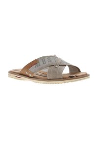 Slide sandals with two cross straps—one fabric in light grey and one suede in tan. Flat sole with textured beige rubber outsole and subtle accents.