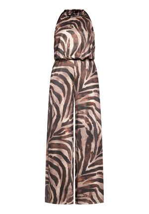 Kombinezon w zwierzęcy wzór z bezramiączkowym fasonem, szerokimi nogawkami i jedwabistą fakturą, w odcieniach brązu i beżu z ciemnymi paskami.