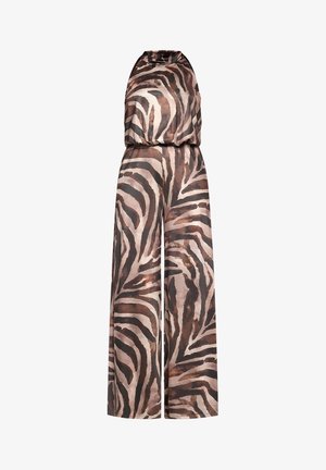 Jumpsuit met dierenprint, strapless ontwerp, wijde pijpen en een zijdeachtige textuur, in tinten bruin en beige met donkere strepen.
