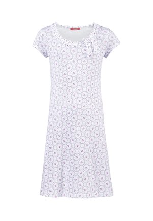 White short-sleeve dress with a floral pattern in purple, featuring a rounded neckline and ruffled trim at the collar.