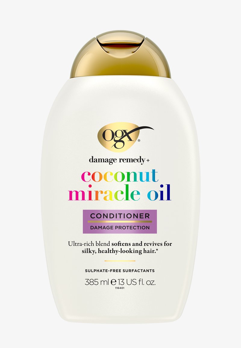 OGX Coconut Miracle Oil conditionerfles met gouden dop, bescherming tegen beschadiging, sulfaatvrij, 385 ml, verzacht en herleeft het haar voor een zijdezachte, gezonde uitstraling.