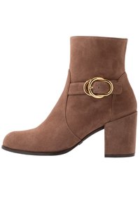Bottine en daim marron avec un bout rond, détail de boucle ovale dorée et un talon épais. Texture lisse avec un col légèrement surélevé.