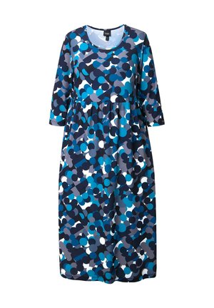 Blau bedrucktes Kleid mit drei Viertelärmeln, runder Ausschnitt und tiefem Taillenansatz, verziert mit kreisförmigen Mustern in verschiedenen Blautönen und Weiß.