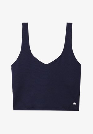 Bralette atletico blu navy con scollatura a V, spalline larghe, texture liscia e un piccolo dettaglio con logo in basso a destra.
