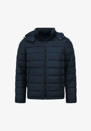 Marineblauwe donsjas met een rits aan de voorkant, capuchon en geribbelde manchetten. Heeft horizontale doorgestikte delen en twee zijritszakken.