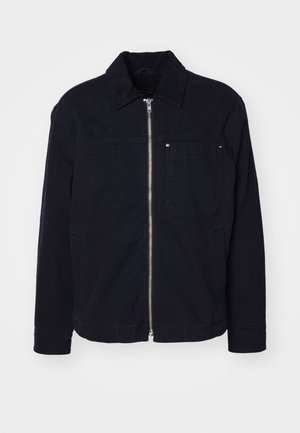 Dunkelmarineblaue Jacke aus strapazierfähigem Stoff, mit Reißverschluss auf der Vorderseite, Cordkragen und seitlichen Taschen sowie einer einzigen Brusttasche.