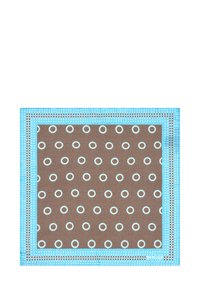 Foulard quadrato marrone con anelli a pois blu chiaro e un bordo blu chiaro con piccoli pois bianchi, etichettato "BOGGI MILANO" nell'angolo.