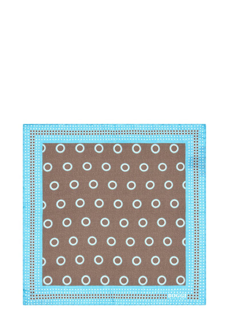 Foulard quadrato marrone con anelli a pois blu chiaro e un bordo blu chiaro con piccoli pois bianchi, etichettato "BOGGI MILANO" nell'angolo.