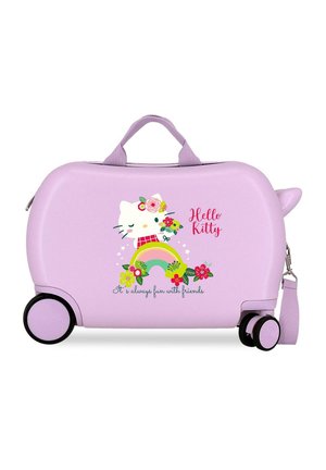 Maleta infantil rígida de color lavanda con Hello Kitty, arcoíris, flores, cuatro ruedas, asa superior y correa desmontable.