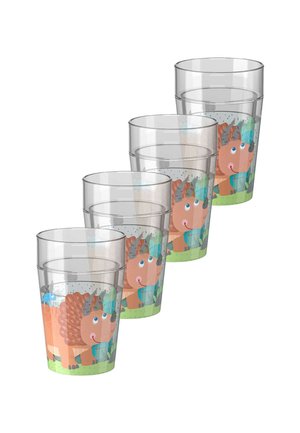 Set of five clear plastic tumblers featuring a colorful hedgehog design with green grass and blue accents at the base.