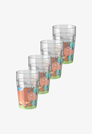 Set van vijf heldere plastic bekers met een kleurrijk ontwerp van een egeltje, met groen gras en blauwe accenten aan de onderkant.