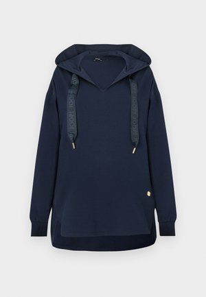 Felpa con cappuccio a maniche lunghe blu navy con scollo a V, ampi lacci stampati con il logo "JOOP!", polsini a costine e piccolo logo metallico sull'orlo.
