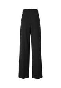 Pantalon noir à jambes larges avec passants de ceinture et deux poches arrière passepoilées, vu de dos sur fond blanc.