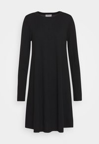 Abito nero a maniche lunghe realizzato in tessuto a maglia, caratterizzato da un collo rotondo e un orlo svasato che arriva sopra il ginocchio, con una silhouette semplice.