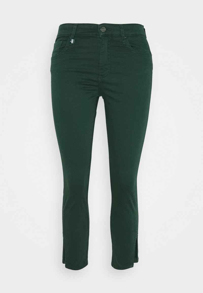 Green, fitted jeans made of stretch cotton, featuring a high waist, two front pockets, and side slits at the hem for added detail.