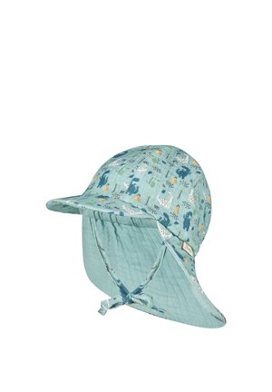 Light blue children's sun hat with neck flap and chin straps, decorated with small animal and plant prints in various colors.