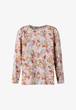 Langärmeliges Hemd mit rundem Ausschnitt, bedeckt mit einem dichten Blumenmuster in den Farbtönen Rot, Orange, Lila und Grün.