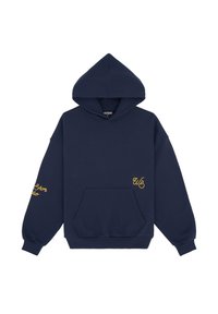 Felpa blu navy in cotone, con tasca frontale, cappuccio con cordino e ricami dorati sulle maniche e sul petto. Vestibilità regolare.