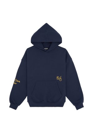 Marineblauwe hoodie van katoen, met een voorzak, een capuchon met trekkoord en gouden borduursels op de mouwen en de borst. Regular fit.