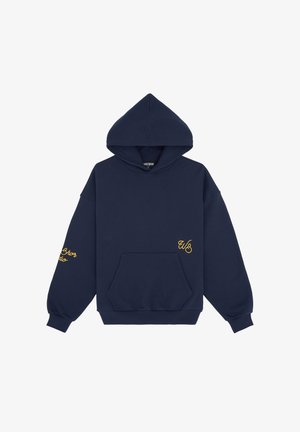 Marineblauwe hoodie van katoen, met een voorzak, een capuchon met trekkoord en gouden borduursels op de mouwen en de borst. Regular fit.