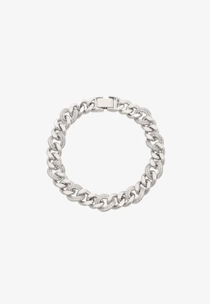 Silberne Kettenarmband mit ineinander greifenden Gliedern, schimmernden Akzenten, einem sicheren Verschluss und einer glatten, polierten Oberfläche.