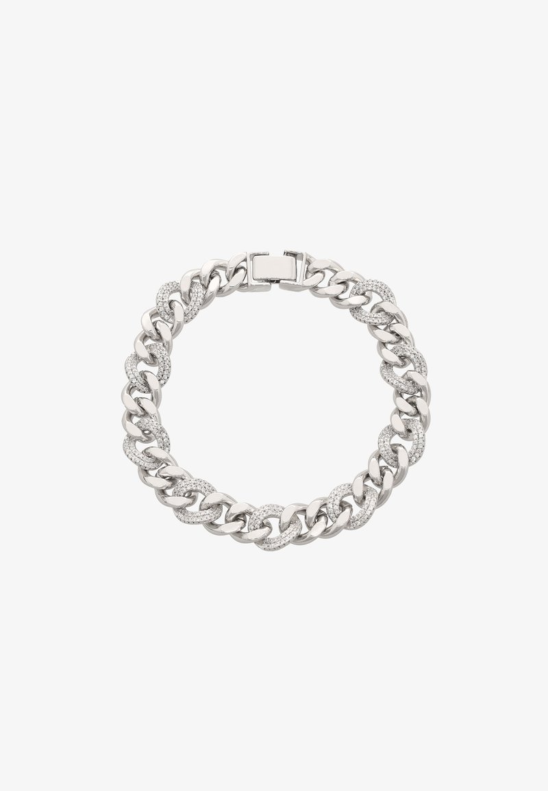 Stříbrný náramek z řetízku se vzájemně proplétajícími články s třpytivými akcenty, bezpečnou sponou a hladkým, leštěným povrchem.