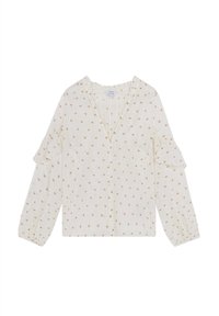 Blusa bianca con scollo a V, maniche lunghe e dettagli arricciati. Presenta un motivo a piccoli quadrati ripetuto nei toni dell'oro. Tessuto morbido e textured.