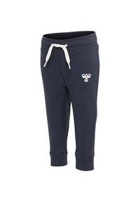 Mörkblåa sweatpants i mjukt tyg med vit dragsko, ribbade muddar och en liten logotypdesign framtill.