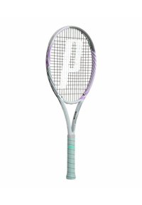Tennisracket met een grijs frame, paarse accenten en een gestructureerde blauwe grip. Heeft een strak geweven snarenpatroon en een onderscheidend logo.