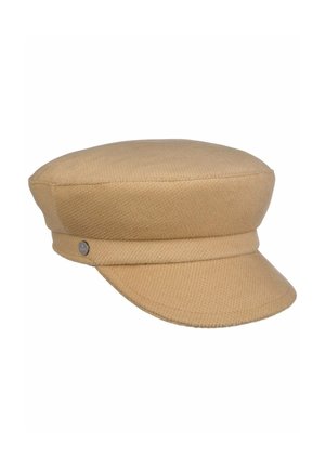Light brown textured fabric baker boy hat with a short stiff visor and a small metal button detail on the side.