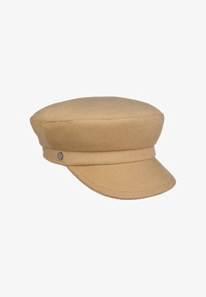 Light brown textured fabric baker boy hat with a short stiff visor and a small metal button detail on the side.