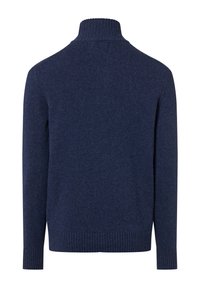 Marineblaues Sweatshirt mit hohem Kragen, gerippten Bündchen und Saum. Hergestellt aus weichem Strickmaterial mit strukturierter Optik. Rückansicht.