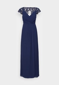 Abito maxi blu navy con maniche a cappuccio in pizzo, scollatura a V e dettaglio anteriore intrecciato. Tessuto morbido e fluido con drappeggio frontale. Design elegante.
