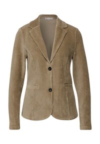 Blazer de pana marrón con cuello con muesca, dos botones y bolsillos frontales; presenta un acanalado vertical y un forro interior liso.