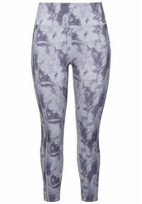 Leggings de entrenamiento grises con un patrón de mármol, de cintura alta, de longitud hasta el tobillo, hechos de una tela elástica con costuras contrastantes que recorren los lados.